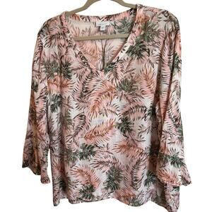 J.JILL Love Linen Tunic Top Size L 100% LINEN Palm Leaf Tropical Beach Vacation
